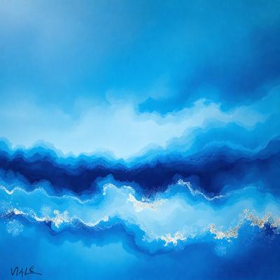The primary subject of the image is a painting of a blue ocean with waves. The setting is a blue sky, and the visual style is a digital art or illustration. The dominant colors are blue and white, creating a serene and calming atmosphere.